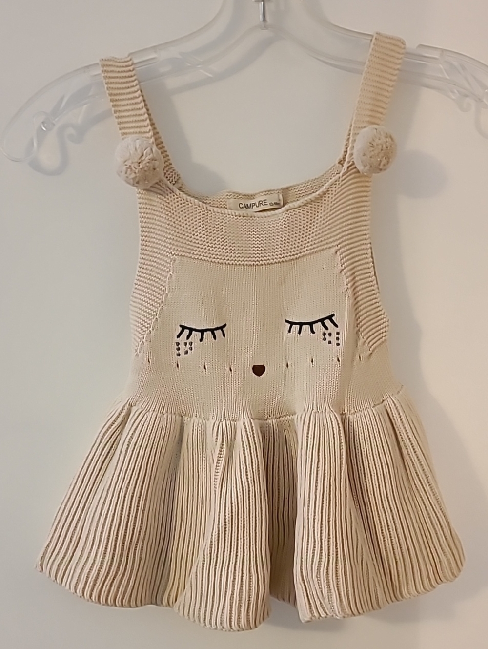 Campure Toddler Cream Knit Dress with Pom Strap
